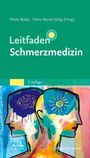 Text: "Leitfaden Schmerzmedizin. 3. Auflage." Oben grüne Fläche, unten eine bunte, abstrakte Illustration von zwei Köpfen.