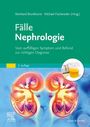 "Fälle Nephrologie: Vom auffälligen Symptom und Befund zur richtigen Diagnose, 2. Auflage." Bild von Nieren und Urinprobe.