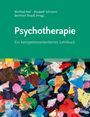 "Psychotherapie: Ein kompetenzorientiertes Lehrbuch." Grüner Hintergrund, bunte, abstrakte Kunst unten.