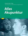 "Atlas Akupunktur, 4. Auflage. Links eine Buddha-Statue, rechts ein Gesicht mit Akupunkturpunkten als Illustration."