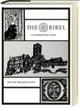 "DIE BIBEL LUTHERÜBERSETZUNG" und "DEUTSCHE BIBELGESELLSCHAFT". Illustration von Kirchengebäude und Hand mit Hammer.