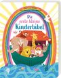Die erste kleine Kinderbibel. Illustration einer Arche mit Tieren und Logo der Deutschen Bibelgesellschaft. Regenbogen im Hintergrund.