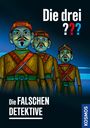 „Die drei ??? Die falschen Detektive“. Illustration von drei bemalten Holzfiguren in traditioneller Kleidung.