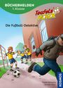 "BÜCHERHELDEN 1. Klasse", "Teufelskicker", "Die Fußball-Detektive". Kinder in gelben Trikots schauen einen flüchtenden Mann an.