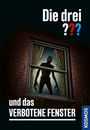 "Die drei ??? und das VERBOTENE FENSTER". Illustration: Dunkle Gestalt mit leuchtenden Augen steht hinter einem erleuchteten Fenster.