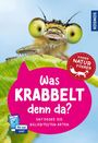 „Was krabbelt denn da?“ ist in großen Buchstaben auf einem pinken Hintergrund zu sehen. Ein Insekt sitzt auf einem Blatt.
