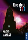 Text: "Die drei ???", "NACHT in ANGST", "KOSMOS". Silhouette eines Turms bei Vollmond und farbigem Himmel.