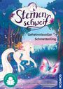 "Sternenschweif: Geheimnisvoller Schmetterling". Ein Mädchen reitet auf einem Einhorn im Wald neben einem leuchtenden Schmetterling.
