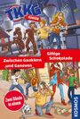 "Zwischen Gauklern und Ganoven", "Giftige Schokolade", "Zwei Bände in einem". Jugendliche in Abenteuerszenen. TKKG Junior Logo.