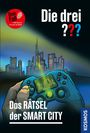 Texte: "Die drei ???", "Dein Fall", "Das RÄTSEL der SMART CITY". Illustration: Skyline und Spielcontroller.