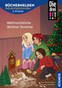 Texte: "Bücherhelden Adventskalender 2. Klasse", "Weihnachtliche Wichtel-Streiche". Illustration dreier Mädchen neben einem Tannenbaum.