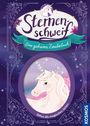 "Sternenschweif, Das geheime Zauberbuch. Öffne die magischen Seiten." Illustration: Einhorn vor lila Hintergrund.