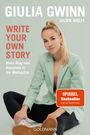 Texte: Giulia Gwinn, Julien Wolff, Write Your Own Story, Mein Weg vom Bolzplatz in die Weltspitze, Spiegel Bestseller. Eine junge Frau in einem mintgrünen Blazer sitzt mit ausgestrecktem Bein und Sneakers.