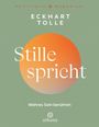 "Spirituelle Wegweiser. Eckhart Tolle: Stille spricht. Wahres Sein berühren. arkana Logo. Grüner Hintergrund."