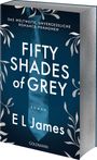 Text: "DAS WELTWEITE, UNVERGESSLICHE ROMANCE-PHÄNOMEN - FIFTY SHADES of GREY - ROMAN - E L James - GOLDMANN."  
Bild: Ein Buchcover mit einer blauen Krawatte und dekorativen Zweigen.