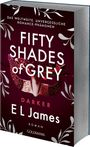 „Das weltweite, unvergessliche Romance-Phänomen - Fifty Shades of Grey Darker“ von E. L. James. Maske auf rotem Hintergrund.