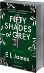 Text: "Das weltweite, unvergessliche Romance-Phänomen. FIFTY SHADES OF GREY. FREED. E L James. Roman. Goldmann."  
Ein grünes Buchcover mit einem antiken Schlüssel und weißen Ranken.
