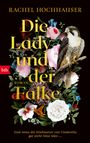 "Die Lady und der Falke" von Rachel Hochhauser. Ein Falke sitzt auf einem Ast, umgeben von bunten Blumen.