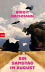 Text in kräftigem Pink: „Birgit Bachmann, EIN SAMSTAG IM AUGUST, ROMAN“. Eine Landschaft mit Feldern unter Wolken.