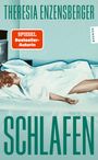 Oben: Theresia Enzensberger, unten: Schlafen. Illustration einer Person im Bett.