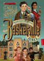 "Baskerville Hall: Das geheimnisvolle Internat der besonderen Talente." Illustration mit Kindern, einem Gebäude und einem Luftschiff.