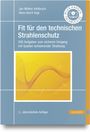 „Fit für den technischen Strahlenschutz“ ist ein Buchcover mit abstraktem gelben Muster und Hanser-Logo.