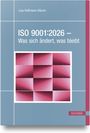 Text: "ISO 9001:2026 – Was sich ändert, was bleibt." Buchcover mit geometrischem Muster in Rot- und Pinktönen.