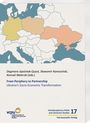 Texte über Ukraine und wirtschaftliche Transformation. Karte von Europa mit hervorgehobenen Ländern. Logo unten links.
