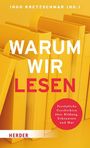 "WARUM WIR LESEN" in weiß und rot. Gelbe Bücher im Hintergrund. Unten steht "Persönliche Geschichten über Bildung, Erkenntnis und Mut."