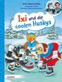 „Ixi und die coolen Huskys“. Illustration: Tiere spielen Eishockey im Schnee, oben Text über Felix Neureuther.