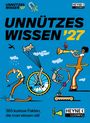Titel: "UNNÜTZES WISSEN '27". Unten: "365 kuriose Fakten, die man wissen will". Illustration: Menschen und Objekte in komischen Situationen.