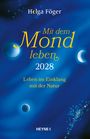 "Mit dem Mond leben 2028. Leben im Einklang mit der Natur." Blaues Design mit Mondsicheln und Sternen.