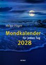 "Helga Föger, Mondkalender für jeden Tag 2028." Vollmond über einem nächtlichen Ozean mit Wellen.