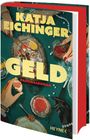 Titel: "Geld" von Katja Eichinger, Kriminalroman. Hände mit Schmuck, Speisen auf edlem Geschirr, Getränkegläser.