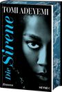 "Tomi Adeyemi. Die Sirene. Roman. HEYNE - Nahaufnahme eines Gesichts, blau-schwarzer Farbton, Wellenmuster am Rand."