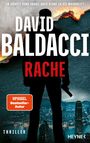 „DAVID BALDACCI: RACHE“ über einer Stadtsilhouette, ein Mann steht im Vordergrund. Oben Text: „ER KÄMPFT OHNE GNADE...“.