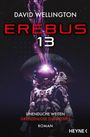 Titel: "Erebos 13". Ein Astronaut vor einem dunklen Weltraumhintergrund, lila Energie strömt aus seinem Helm.