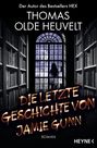 Text: "Der Autor des Bestsellers HEX, Thomas Olde Heuvelt, Die letzte Geschichte von Jamie Gunn, Roman, Heyne". 

Düsterer Raum mit Bücherregalen, große Fenster mit Silhouette.