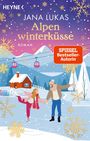„Alpenwinterküsse“ von Jana Lukas. Ein Paar eisläuft vor einer Berghütte; bunte Schneeflocken fallen vom Himmel.