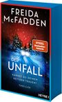 Der Titel ist "Der Unfall" von Freida McFadden. "Spiegel Bestseller-Autorin". Rotes und blaues Cover mit Schneeszene.