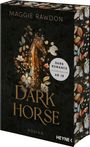 "DARK HORSE" und "Maggie Rawdon". "Dark Romance Leseempfehlung ab 18". Blumen und goldene Pferdefigur auf dunklem Hintergrund.