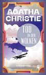 „AGATHA CHRISTIE“, „TOD IN DEN WOLKEN“. Illustration: Flugzeug über Wolken im Art-Déco-Rahmen, violetter Himmel.