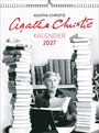 Titel: "Agatha Christie Kalender 2027". Eine Frau mit Schreibmaschine, umgeben von Bücherstapeln.