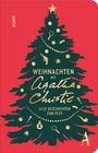 "Weihnachten mit Agatha Christie. Alle Geschichten zum Fest." Ein grüner Weihnachtsbaum auf rotem Hintergrund mit Verzierungen.