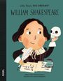 Text: "Little People, BIG DREAMS® WILLIAM SHAKESPEARE" Illustration eines lächelnden Mannes mit Feder, Buch und Totenkopf.