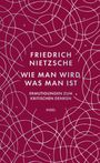 Text: "FRIEDRICH NIETZSCHE WIE MAN WIRD, WAS MAN IST ERMUTIGUNGEN ZUM KRITISCHEN DENKEN INSEL" auf rotem Hintergrund.