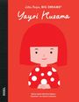 Buchtitel: "Yayoi Kusama". Illustration: Kind mit rotem Haar und gepunktetem Oberteil auf rotem Hintergrund.