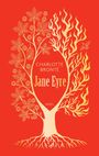 "Charlotte Brontë, Jane Eyre, INSEL." Ein stilisierter Baum, links mit Blättern und Käfig, rechts mit Flammen und Vogel.