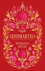 "SIDDHARTHA", "HERMANN HESSE", "INSEL" zentriert in goldener Schrift auf rotem Hintergrund, umgeben von floralen Mustern.