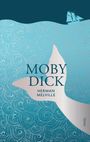 „Moby Dick, Herman Melville“. Ein stilisierter Wal schwimmt im Meer, oben ein Schiff.